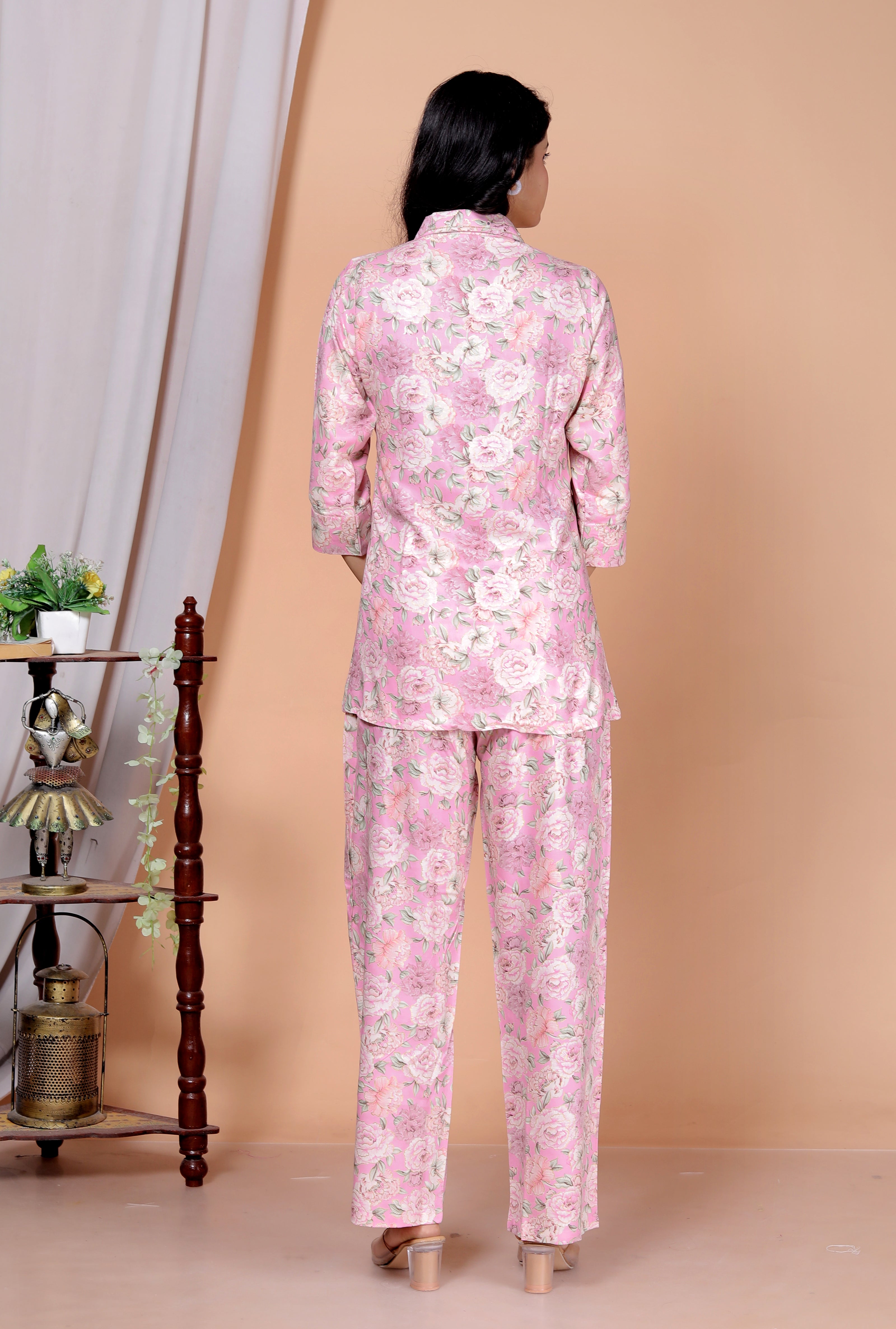 Rayon Floral Foil Print Co-Ord Set with Handcrafted Details