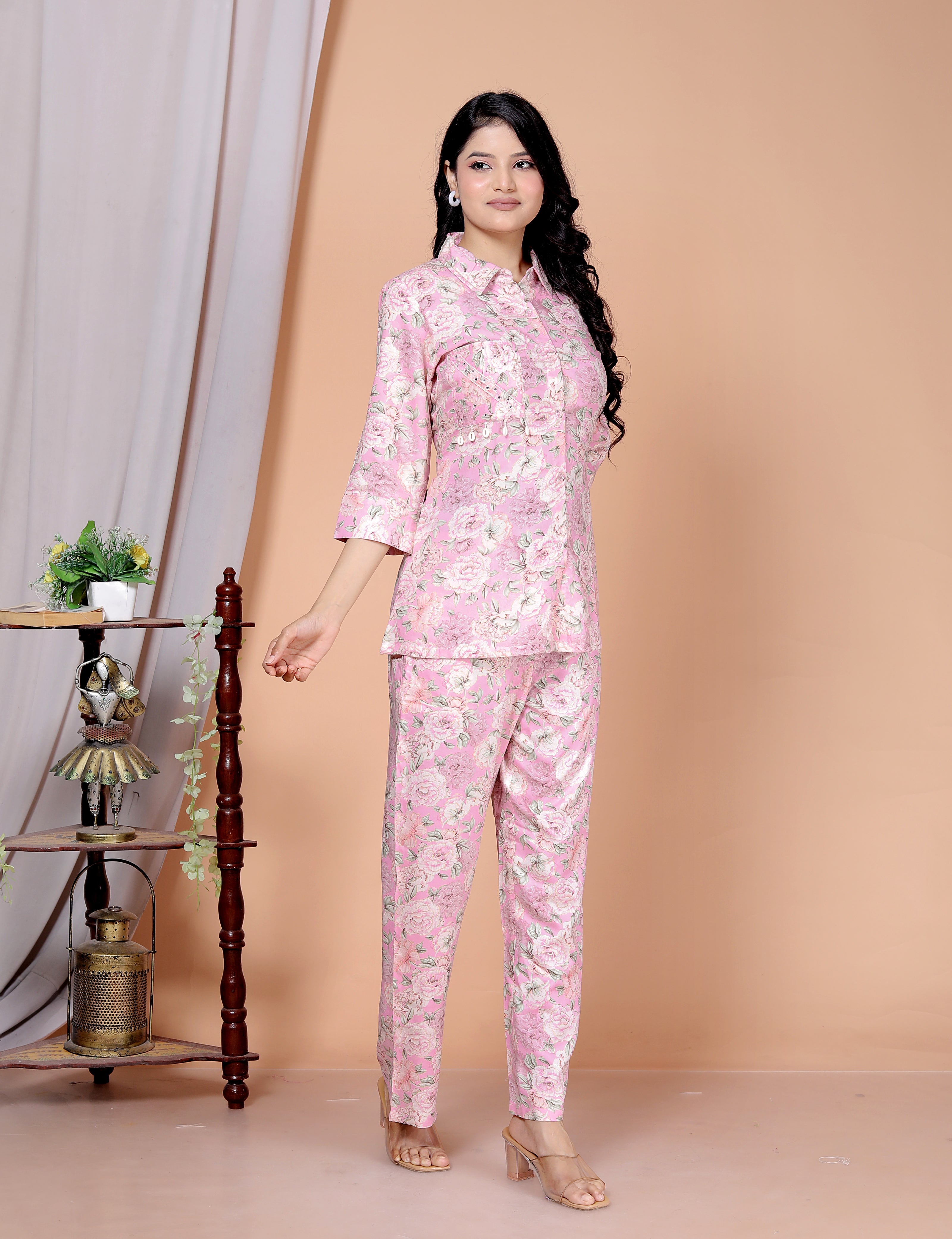 Rayon Floral Foil Print Co-Ord Set with Handcrafted Details