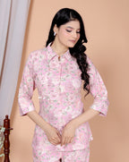 Rayon Floral Foil Print Co-Ord Set with Handcrafted Details