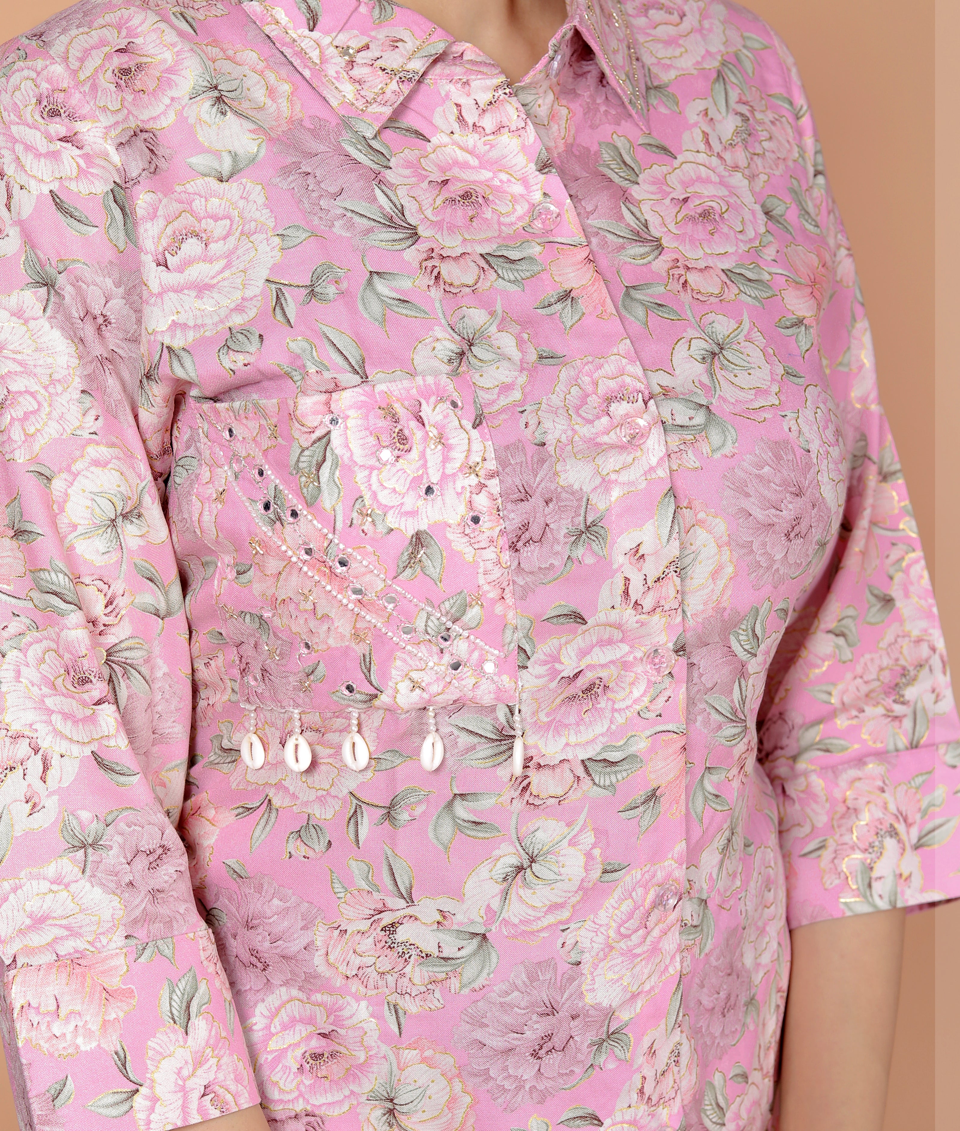 Rayon Floral Foil Print Co-Ord Set with Handcrafted Details