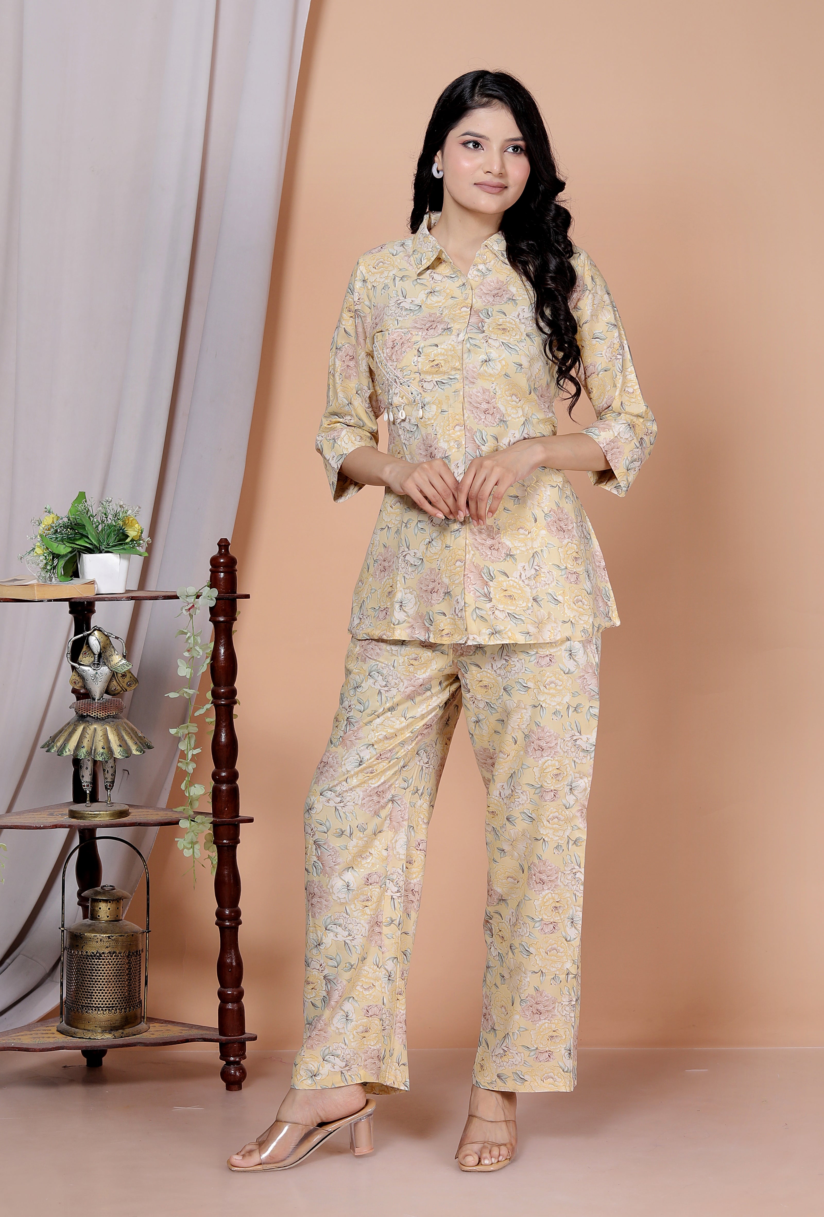 Rayon Floral Foil Print Co-Ord Set with Handcrafted Details