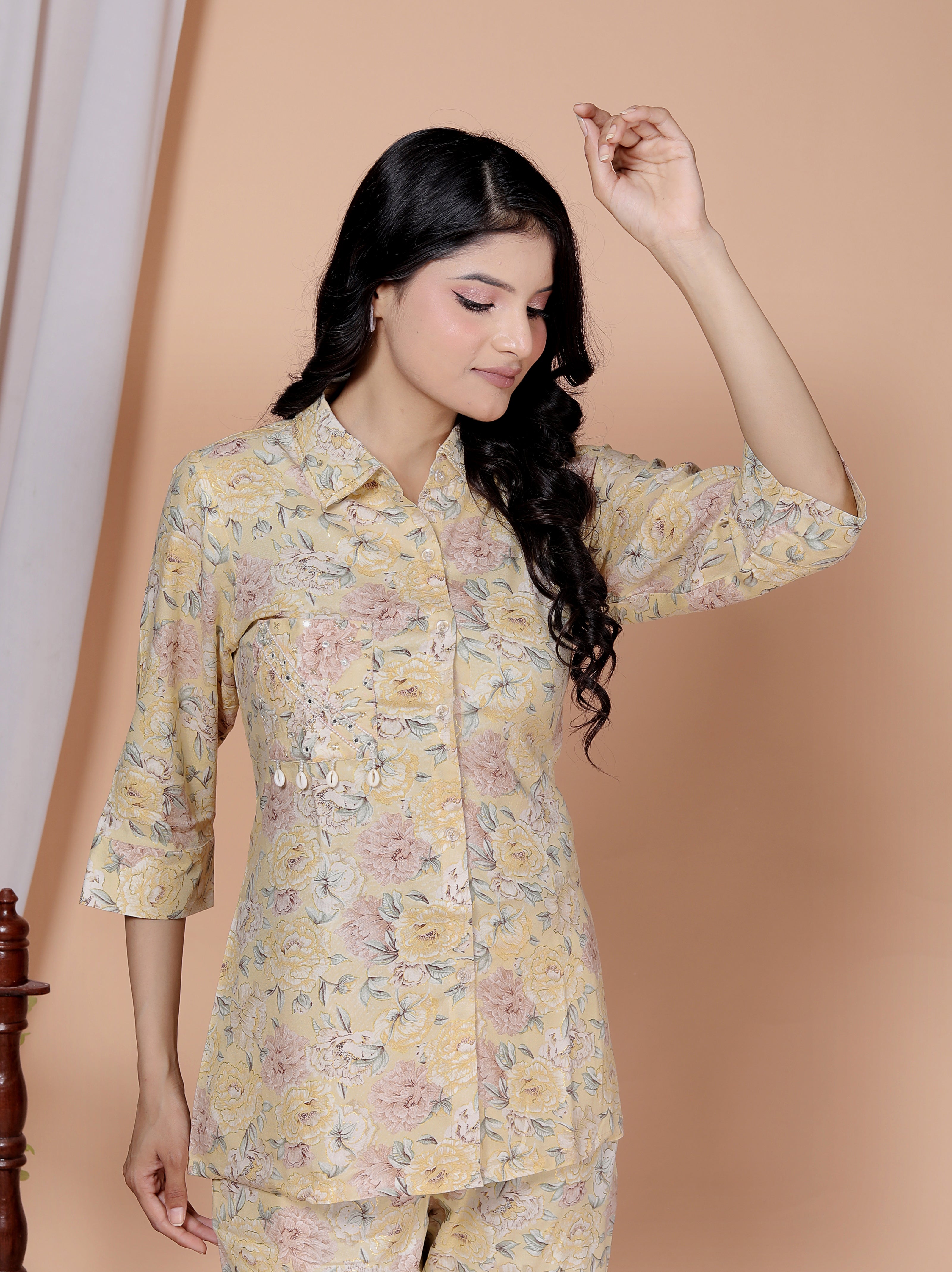 Rayon Floral Foil Print Co-Ord Set with Handcrafted Details