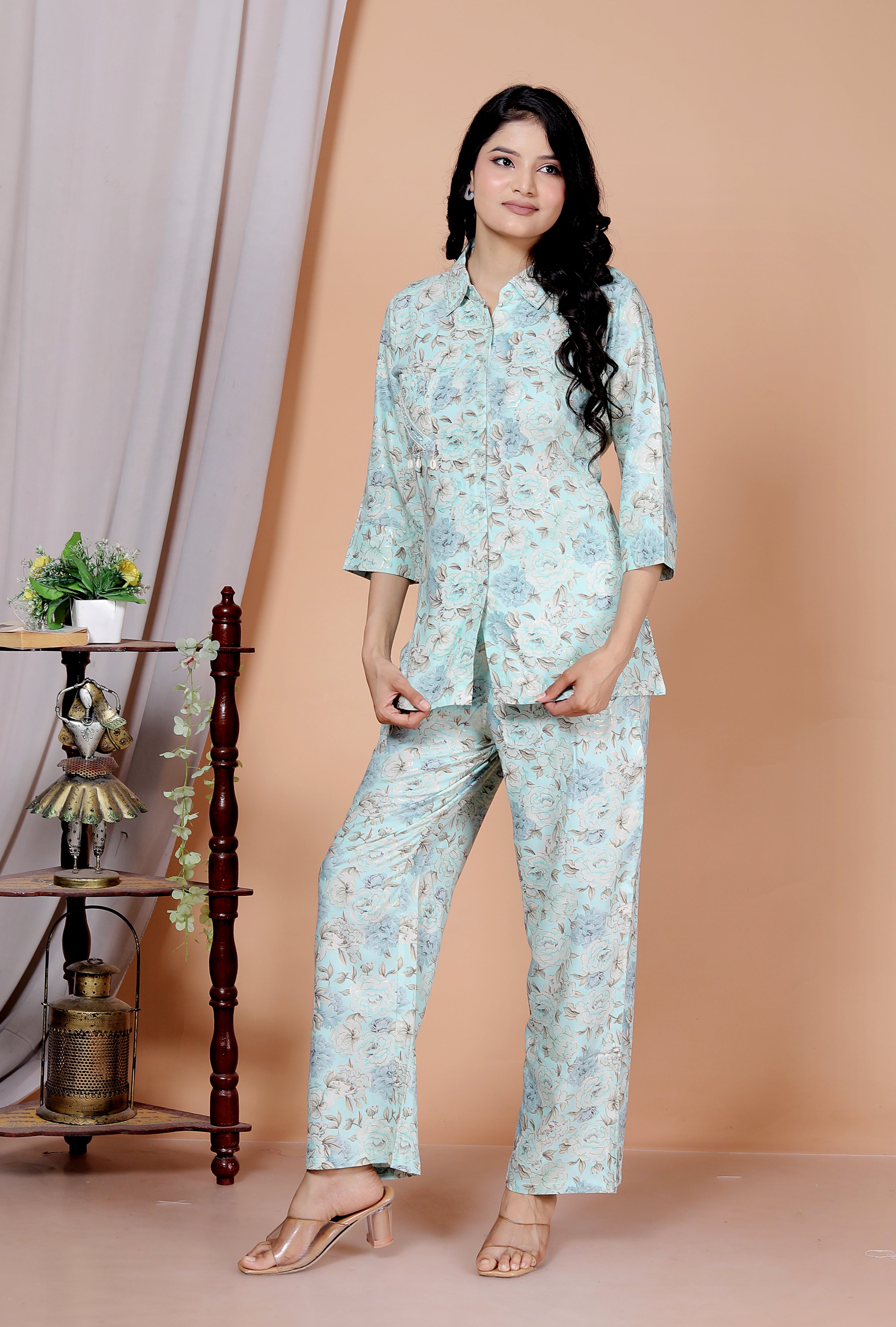 Rayon Floral Foil Print Co-Ord Set with Handcrafted Details