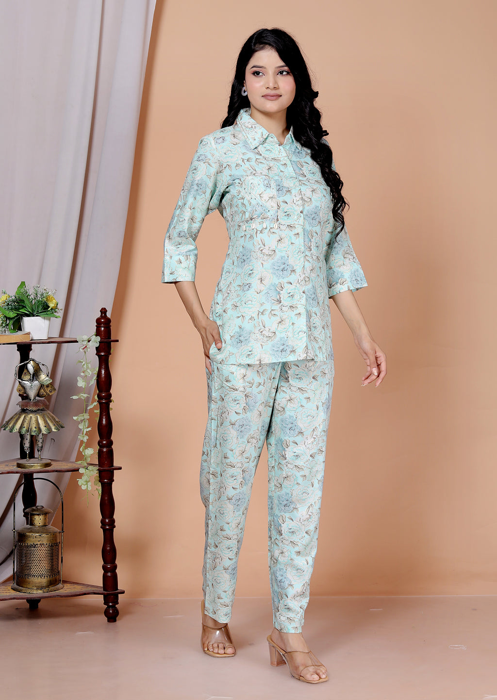 Rayon Floral Foil Print Co-Ord Set with Handcrafted Details