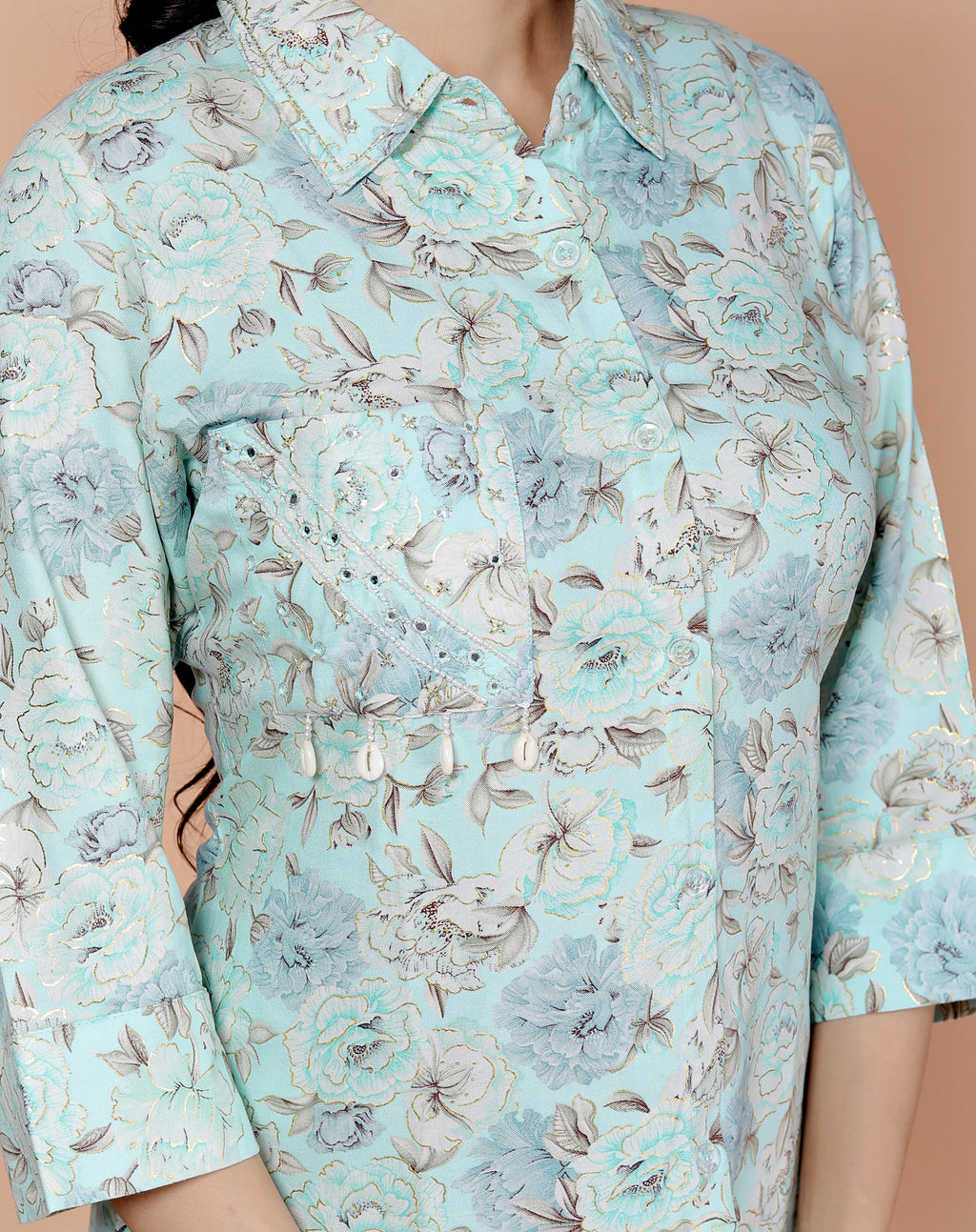 Rayon Floral Foil Print Co-Ord Set with Handcrafted Details