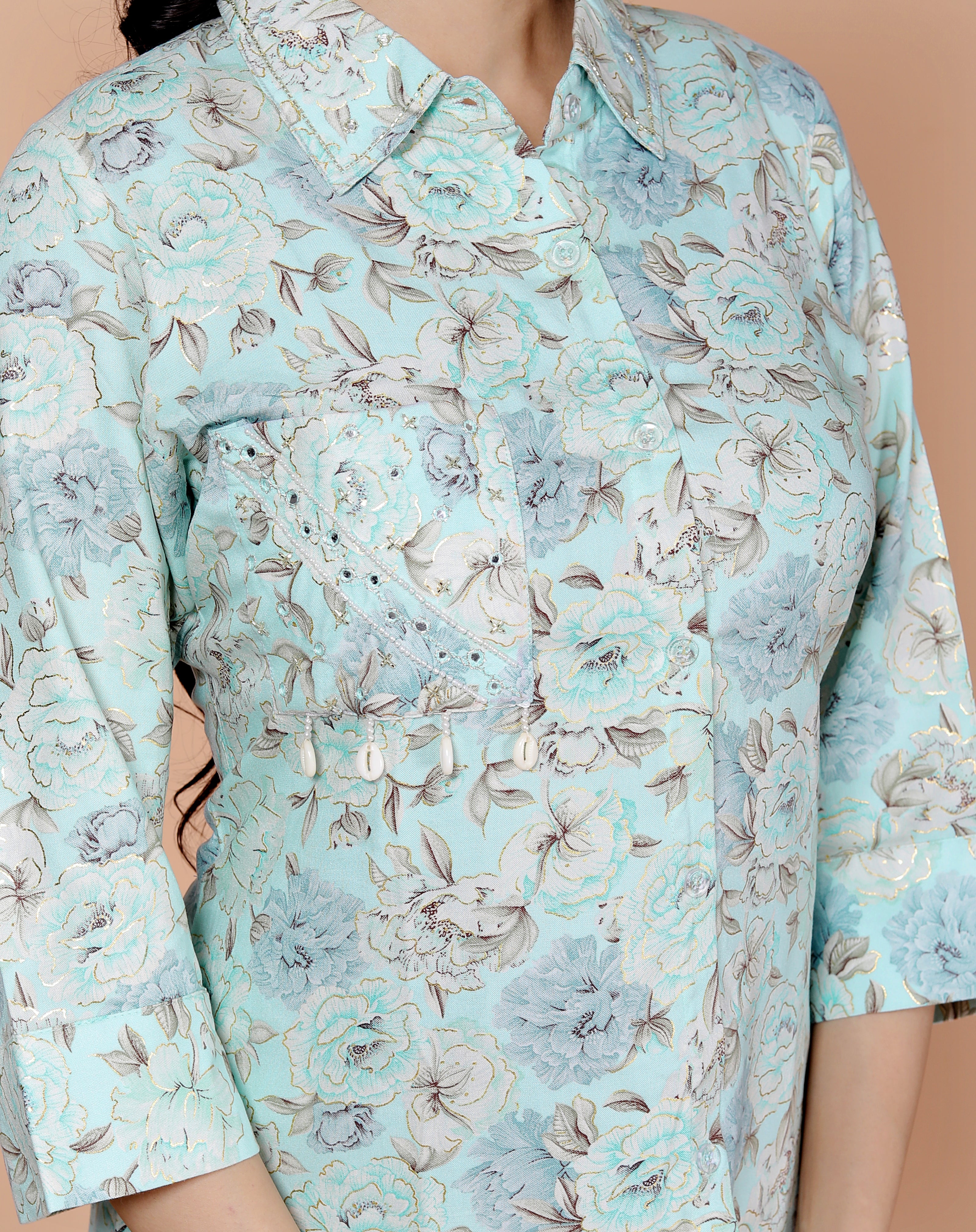 Rayon Floral Foil Print Co-Ord Set with Handcrafted Details