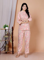 Rayon Floral Foil Print Co-Ord Set with Handcrafted Details