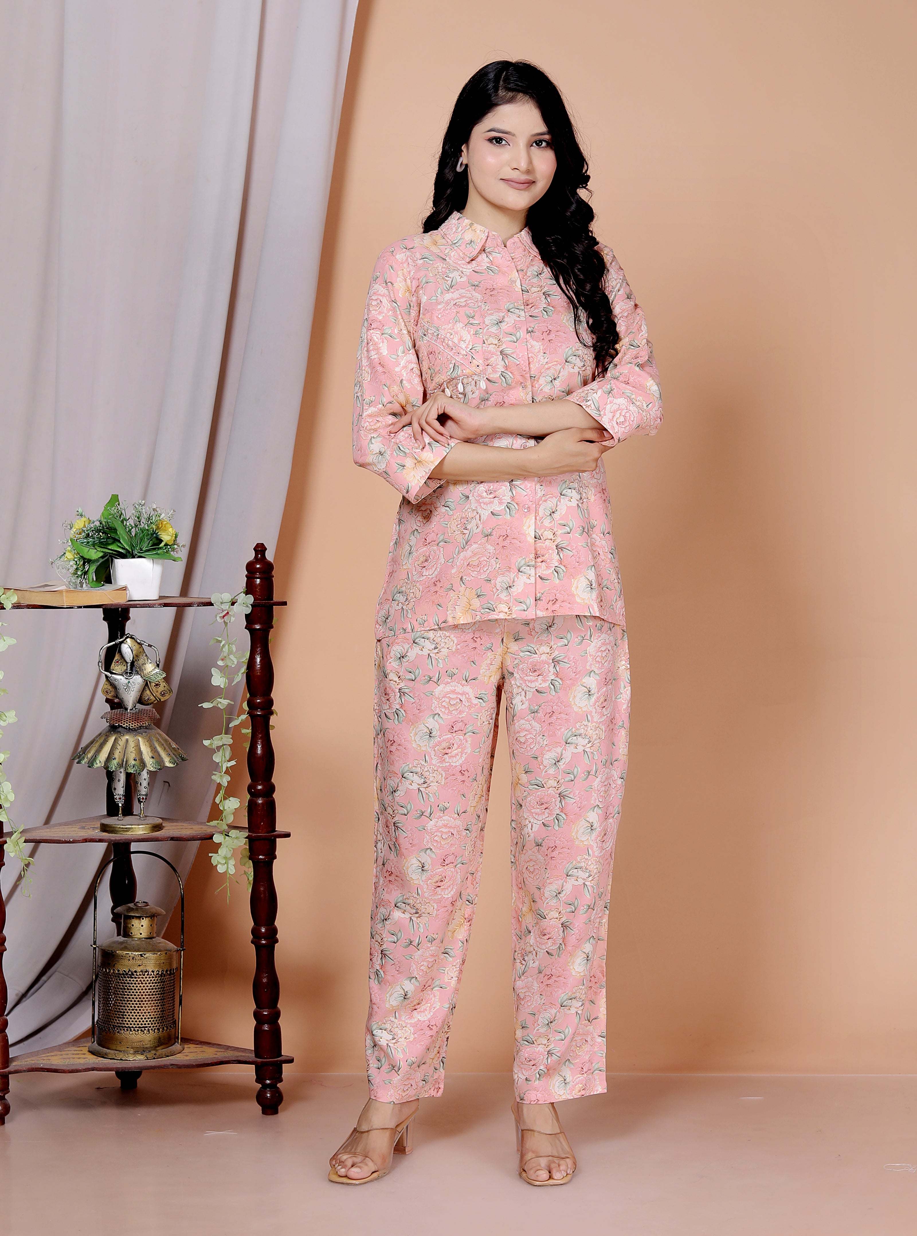 Rayon Floral Foil Print Co-Ord Set with Handcrafted Details