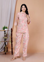 Rayon Floral Foil Print Co-Ord Set with Handcrafted Details