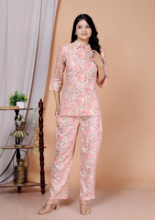 Rayon Floral Foil Print Co-Ord Set with Handcrafted Details