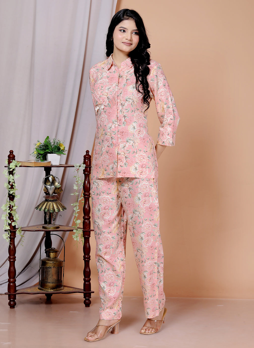 Rayon Floral Foil Print Co-Ord Set with Handcrafted Details