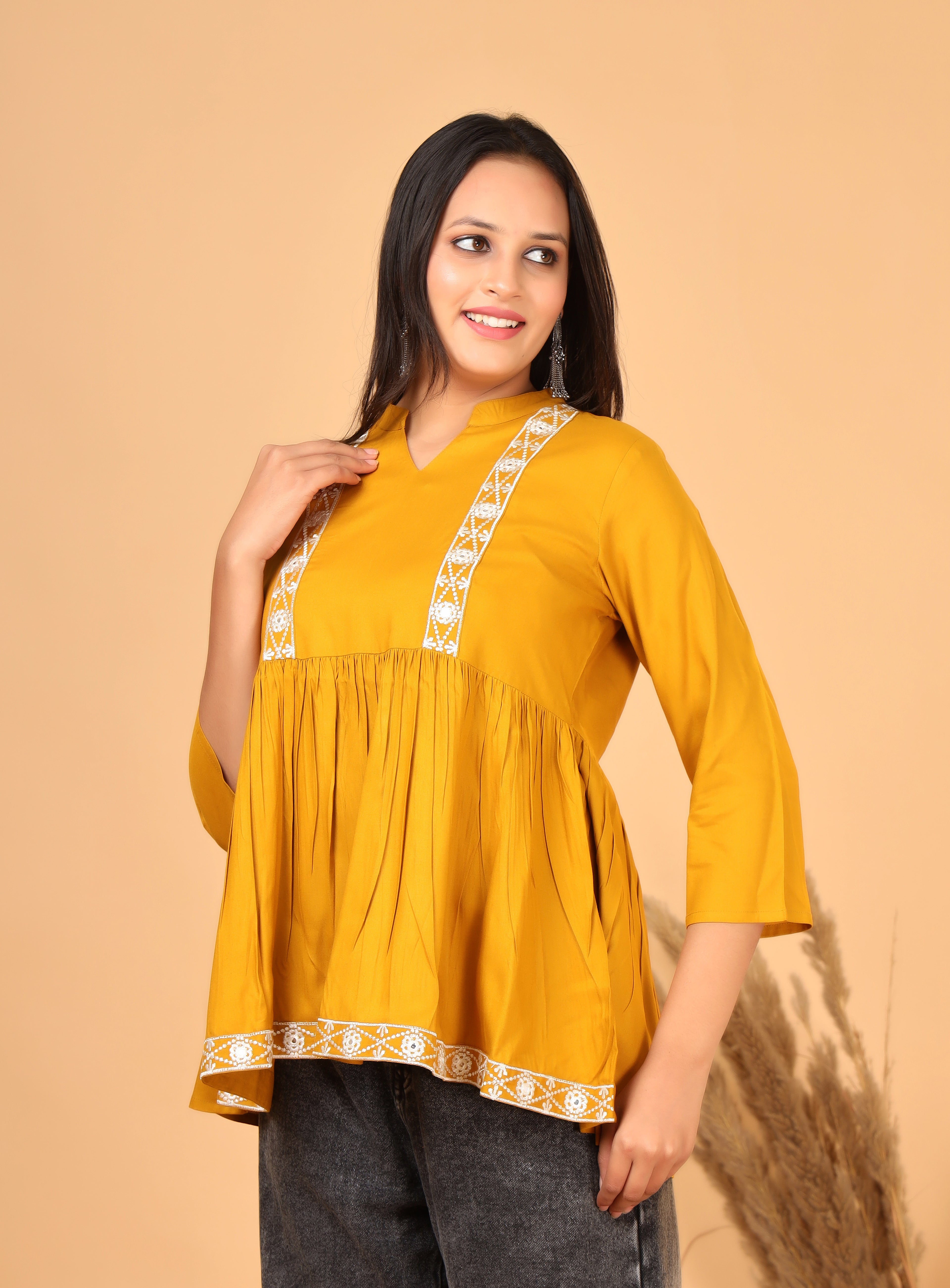 Rayon Short Kurti with Machine Embroidery Work