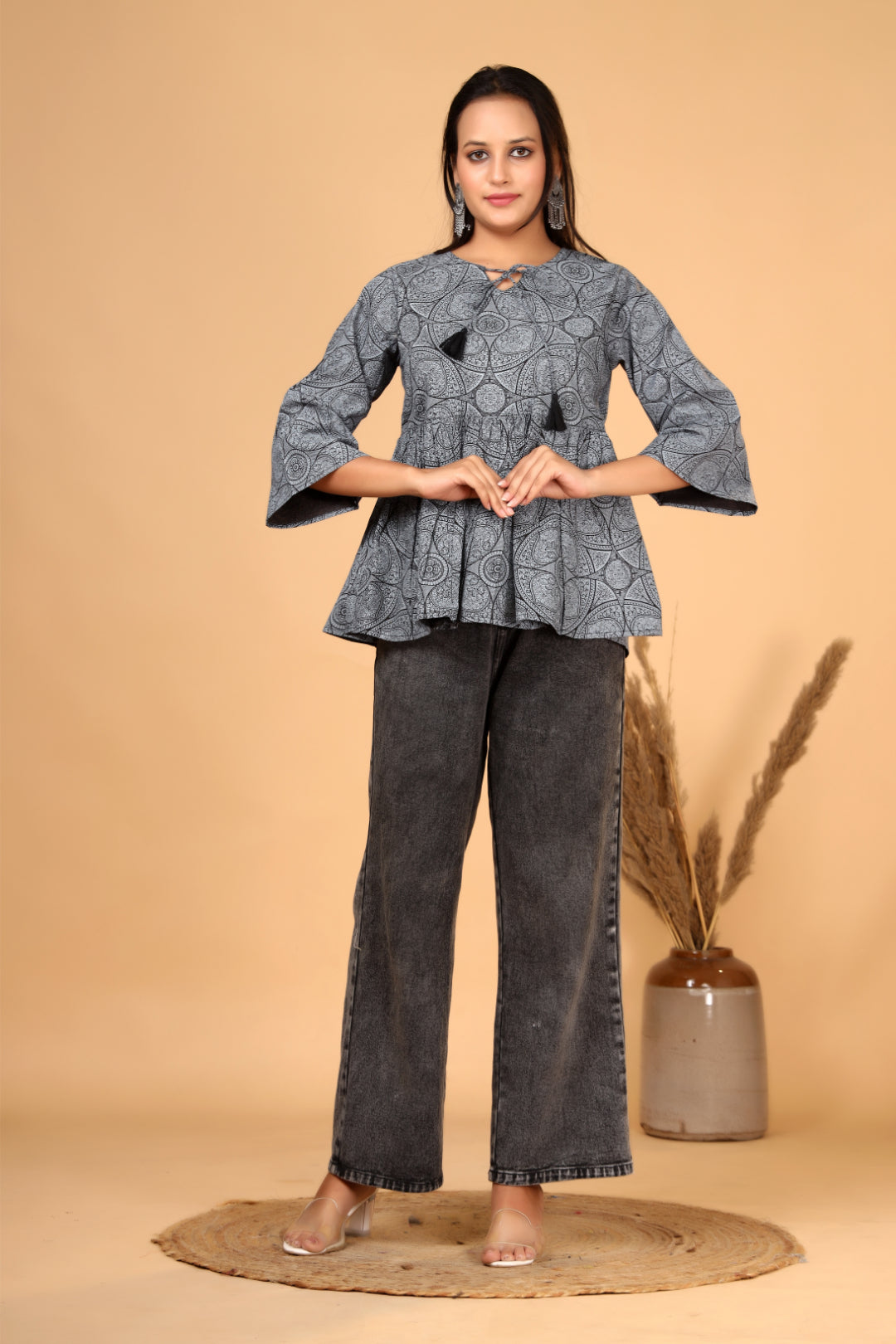 Women’s  Printed Pure Cotton Short Kurti with Flared Sleeves