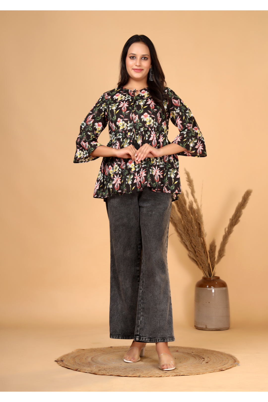 Women’s  Printed Pure Cotton Short Kurti with Flared Sleeves