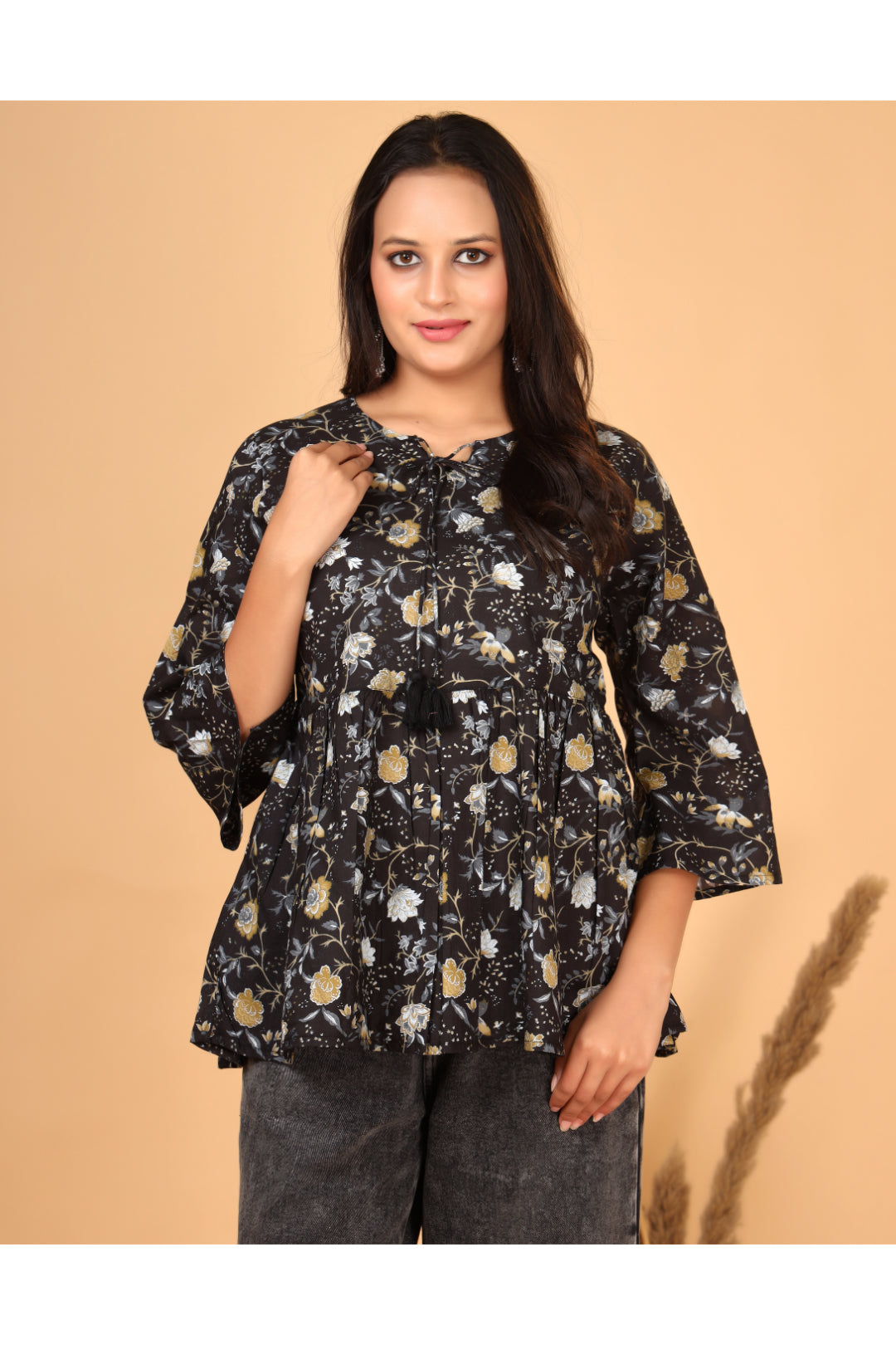 Women’s  Printed Pure Cotton Short Kurti with Flared Sleeves