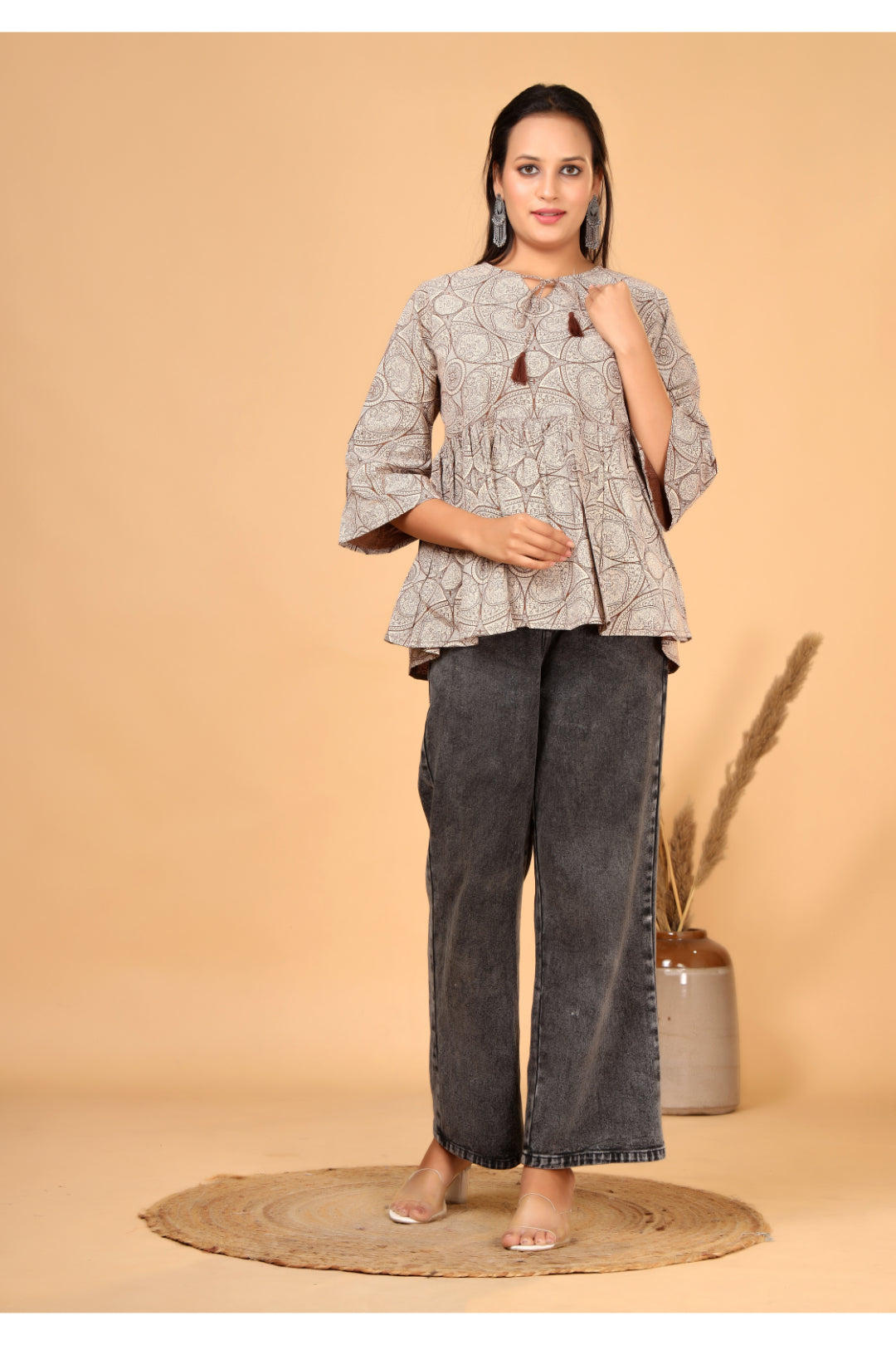 Women’s  Printed Pure Cotton Short Kurti with Flared Sleeves