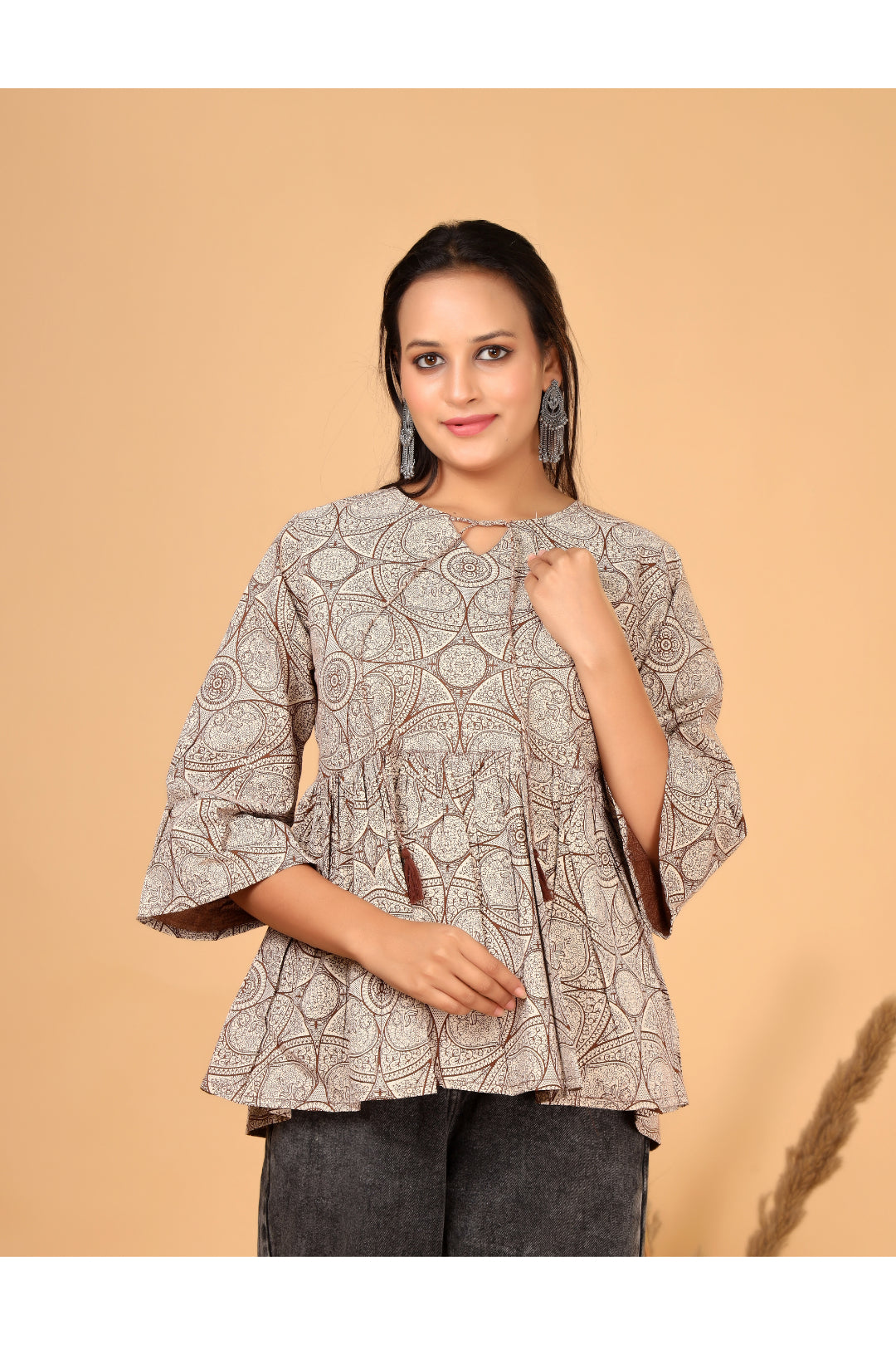 Women’s  Printed Pure Cotton Short Kurti with Flared Sleeves