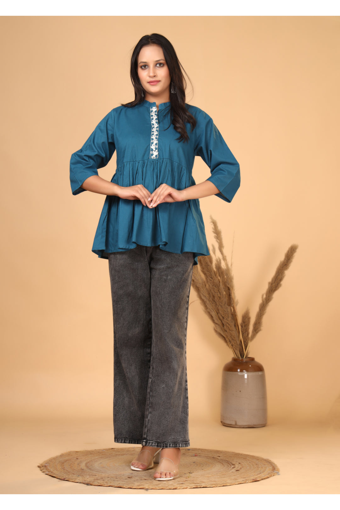 Premium Cotton  (60x60) Front Embroidered Gathered Top