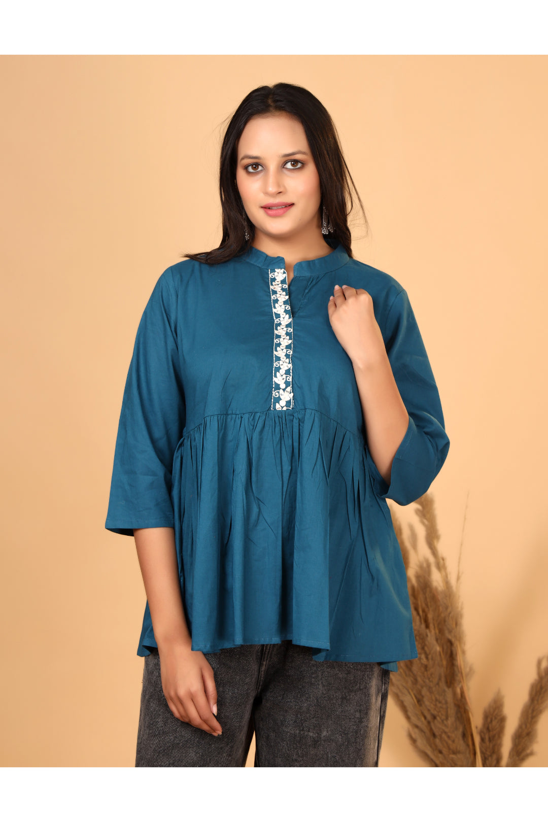 Premium Cotton  (60x60) Front Embroidered Gathered Top
