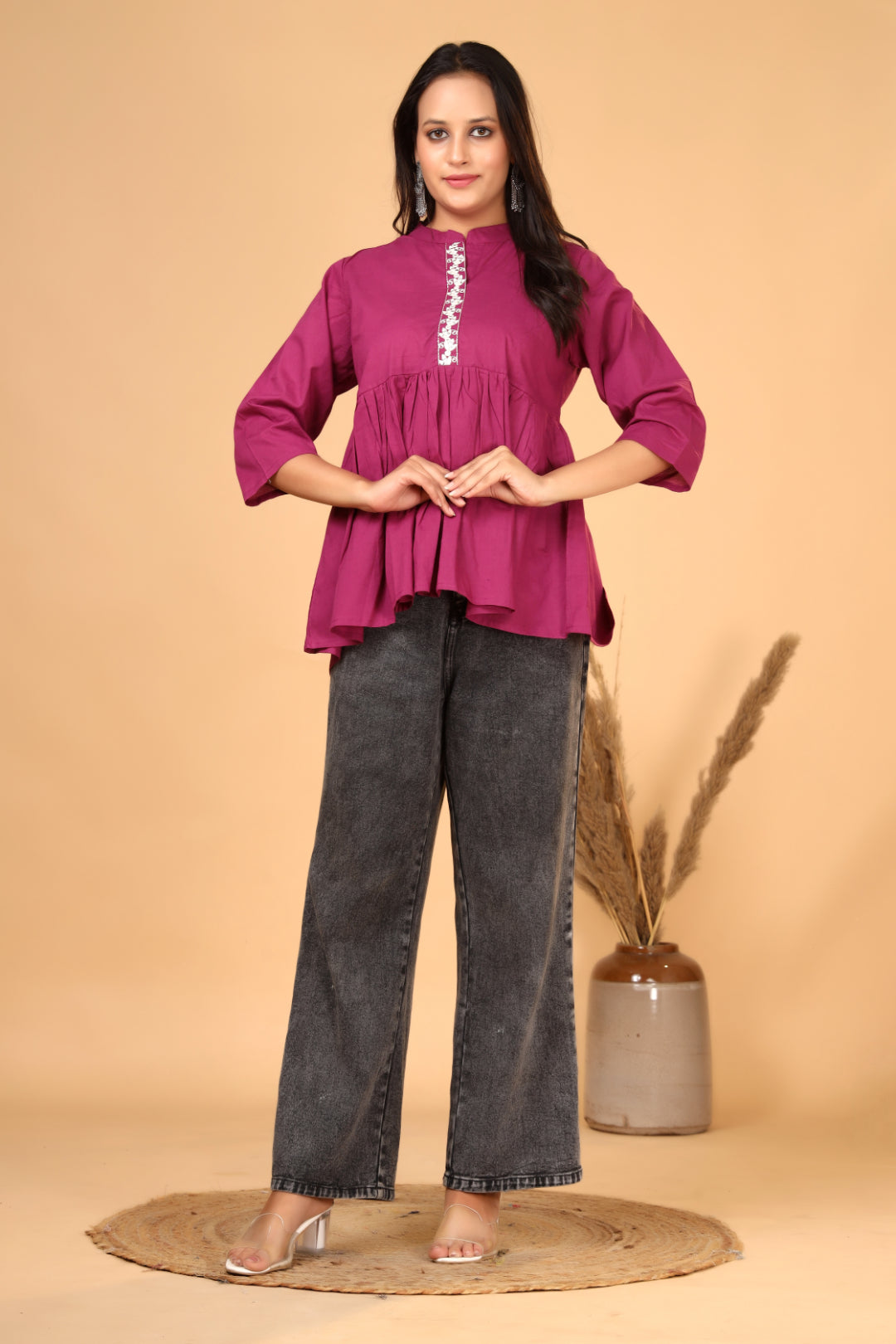 Premium Cotton  (60x60) Front Embroidered Gathered Top