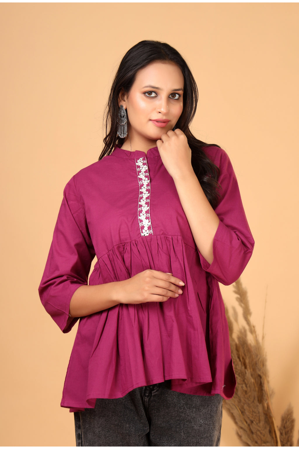 Premium Cotton  (60x60) Front Embroidered Gathered Top