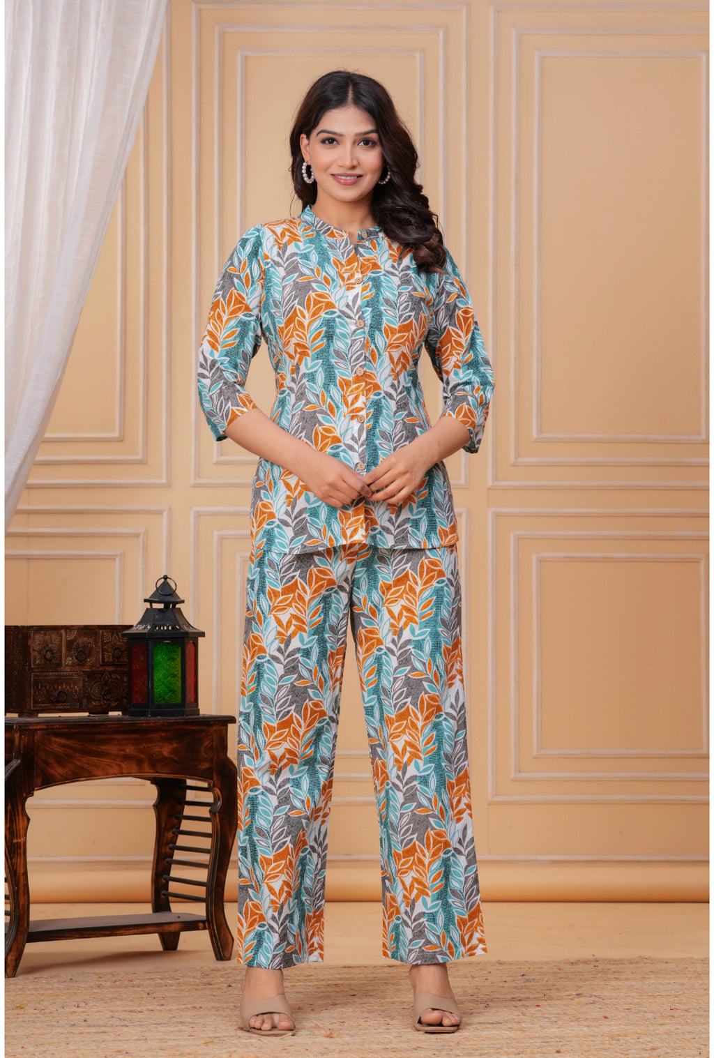 Simple Leaf Print Cotton Shirt Style Co-ord Set