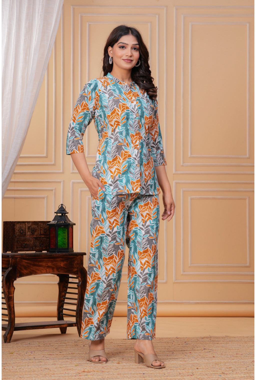 Simple Leaf Print Cotton Shirt Style Co-ord Set