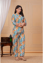 Simple Leaf Print Cotton Shirt Style Co-ord Set