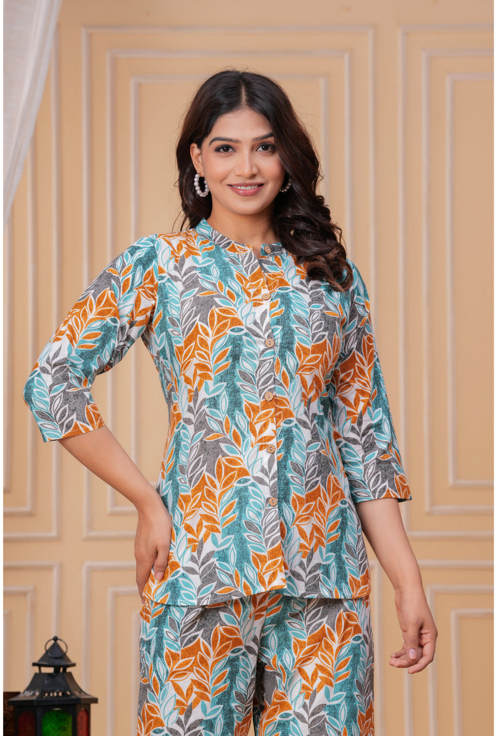 Simple Leaf Print Cotton Shirt Style Co-ord Set