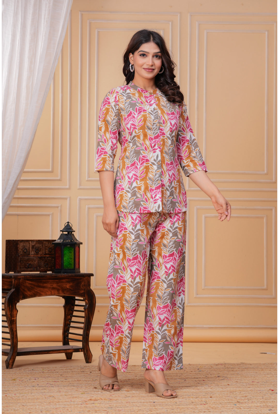 Simple Leaf Print Cotton Shirt Style Co-ord Set