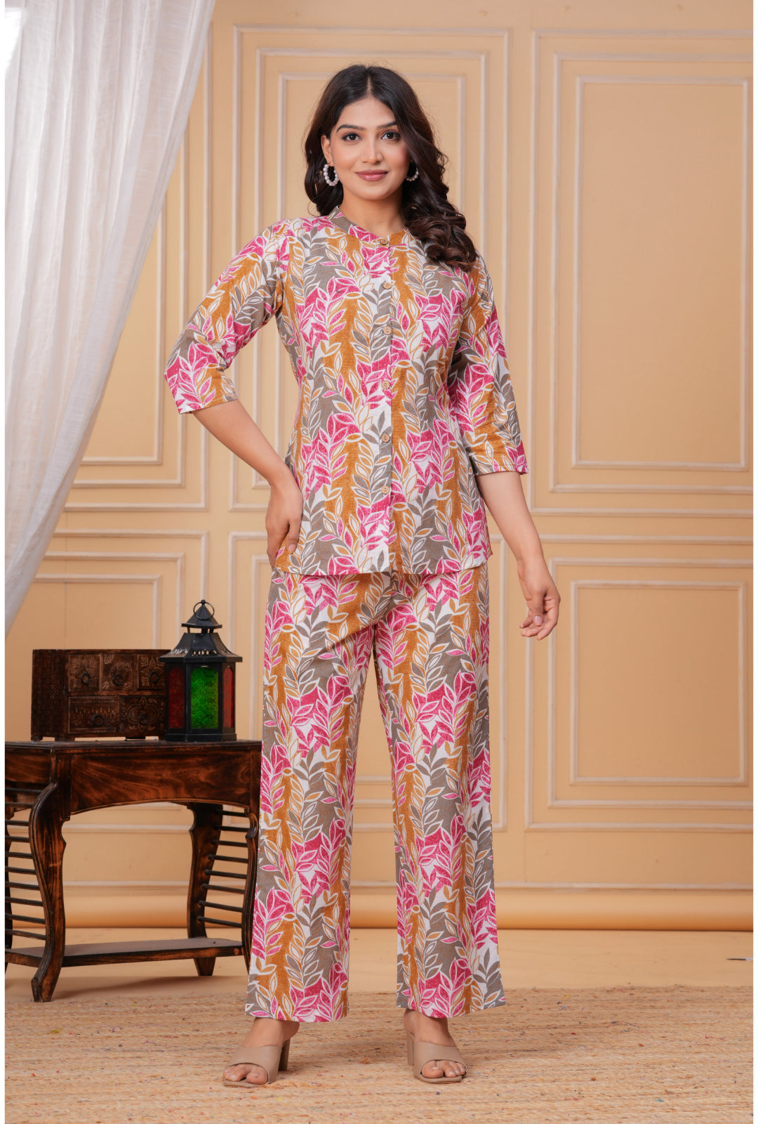 Simple Leaf Print Cotton Shirt Style Co-ord Set