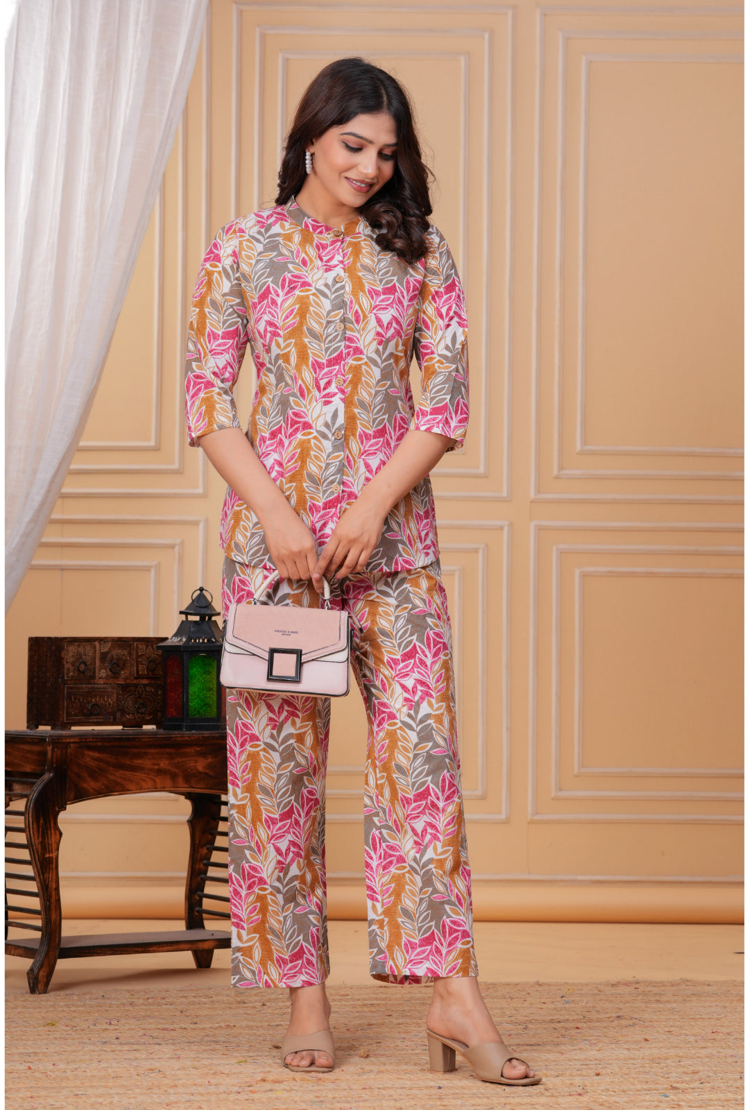 Simple Leaf Print Cotton Shirt Style Co-ord Set