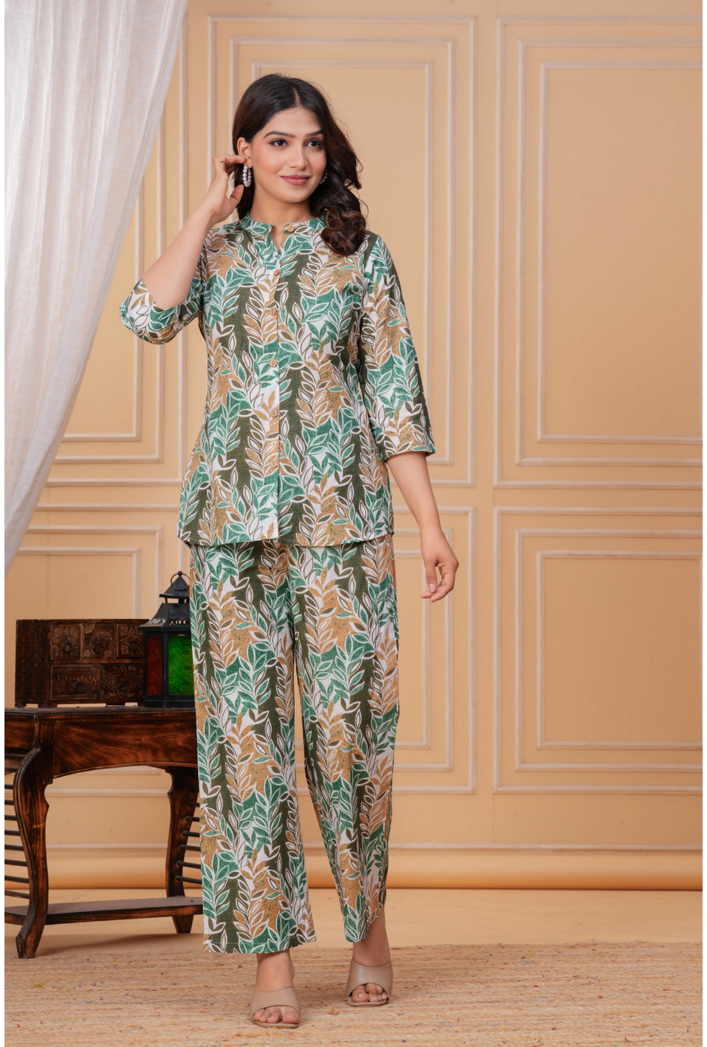 Simple Leaf Print Cotton Shirt Style Co-ord Set