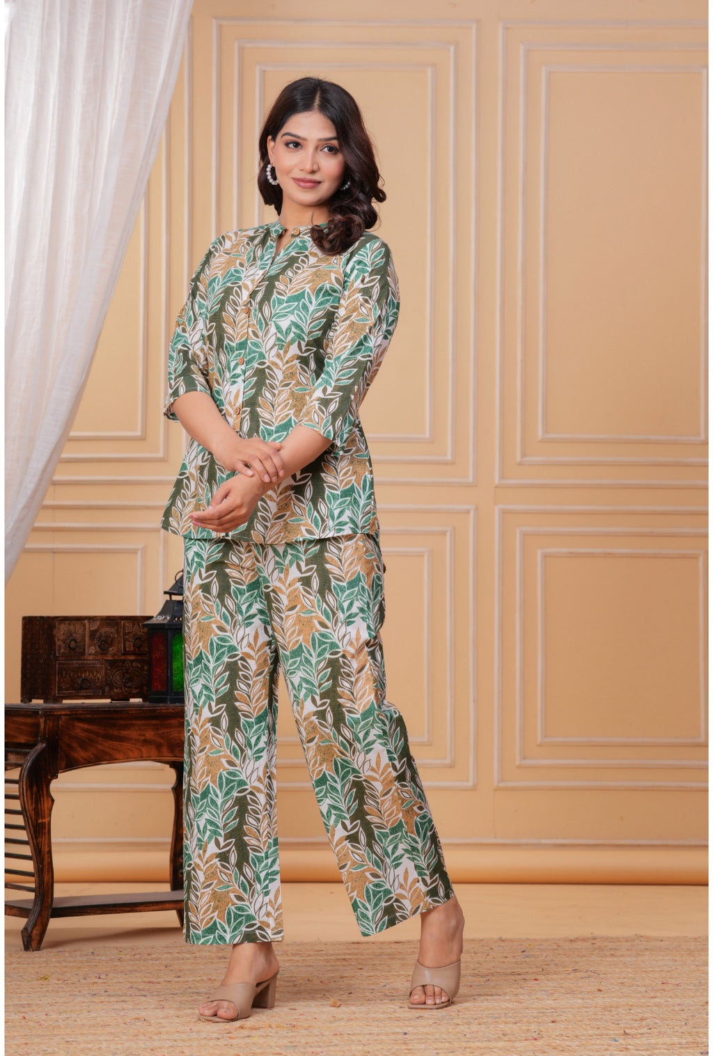 Simple Leaf Print Cotton Shirt Style Co-ord Set