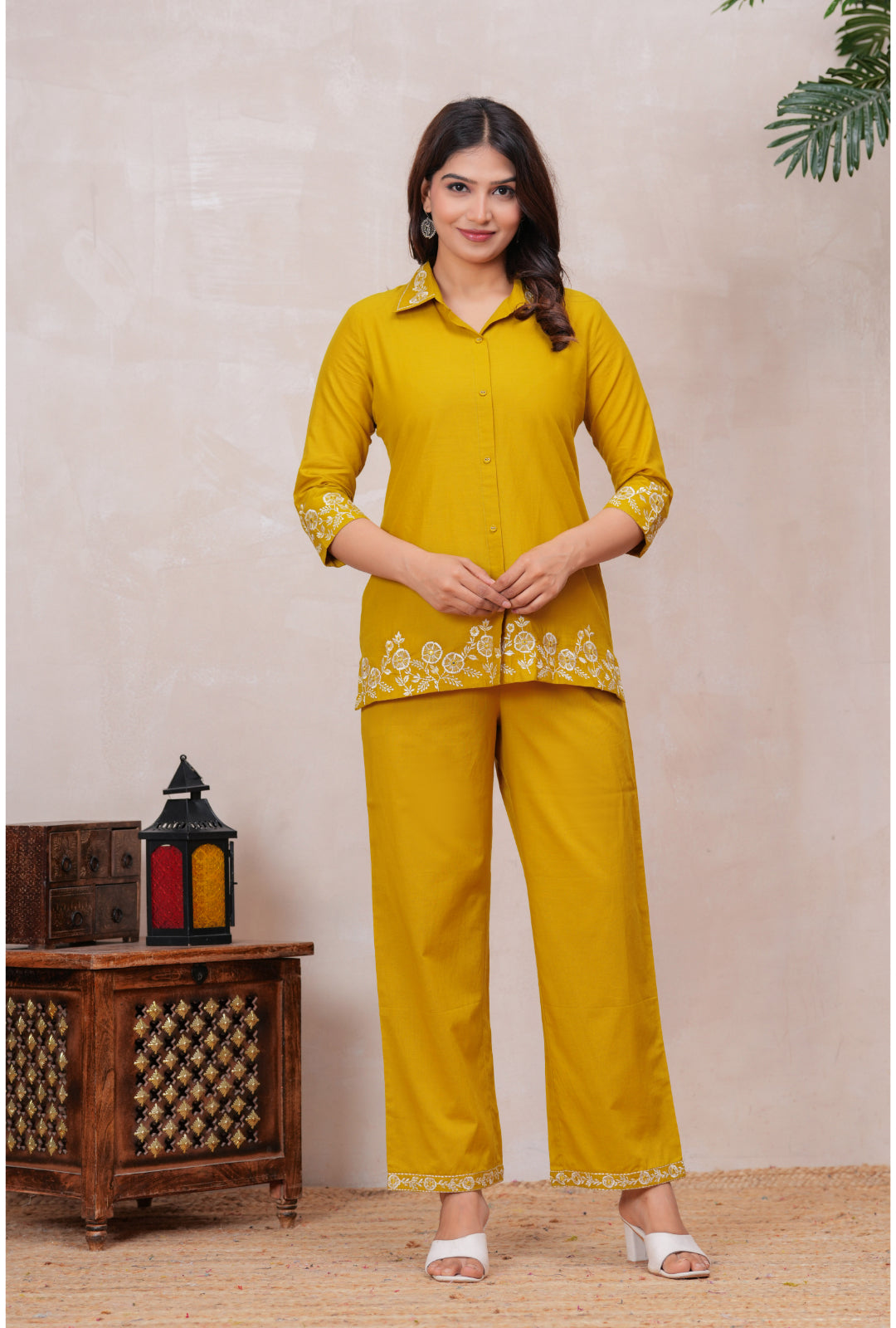 Floral Embroidered Pure Cotton Co-ord Set with Shirt Collar