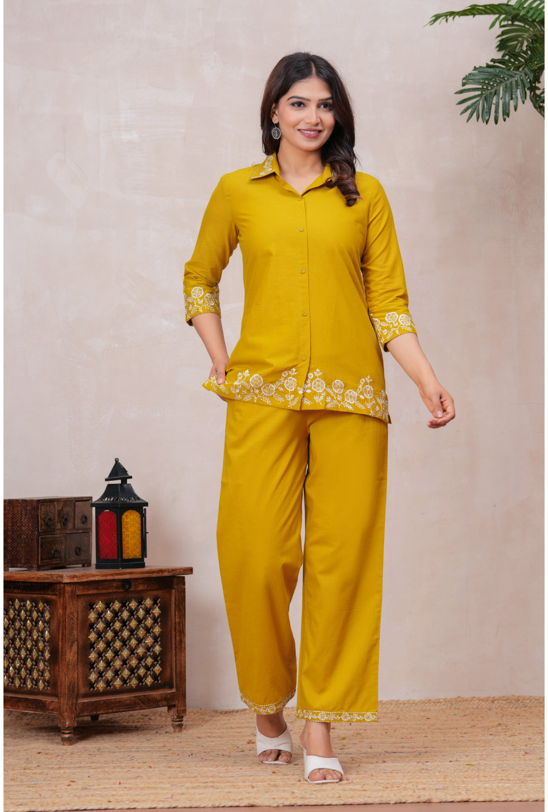 Floral Embroidered Pure Cotton Co-ord Set with Shirt Collar