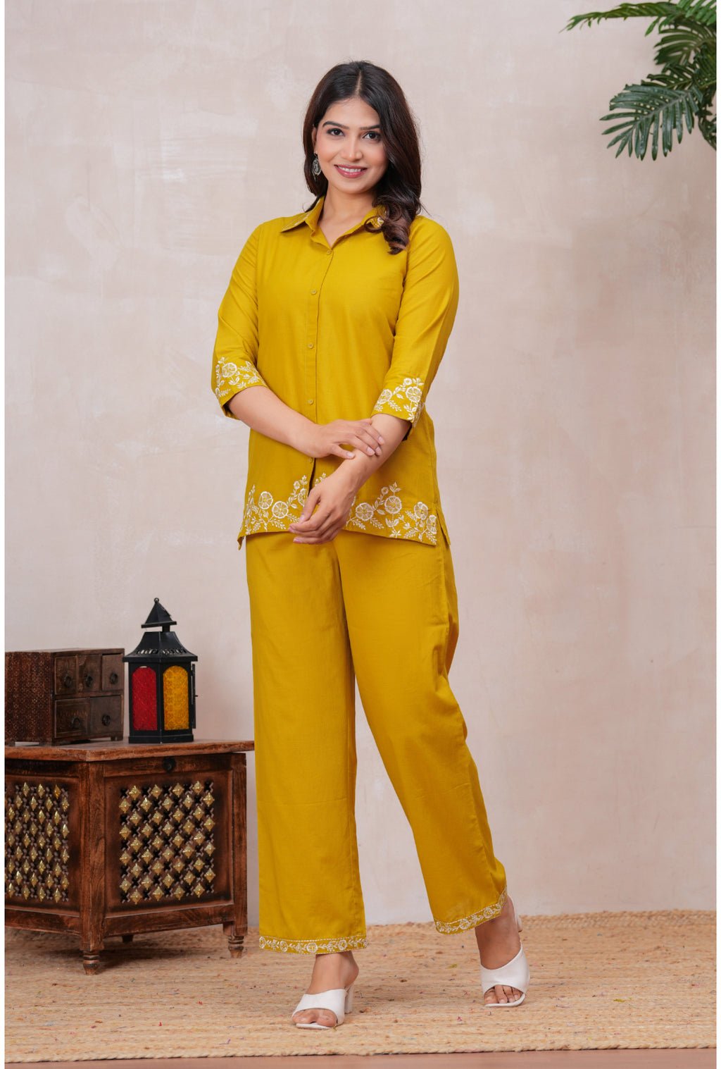 Floral Embroidered Pure Cotton Co-ord Set with Shirt Collar