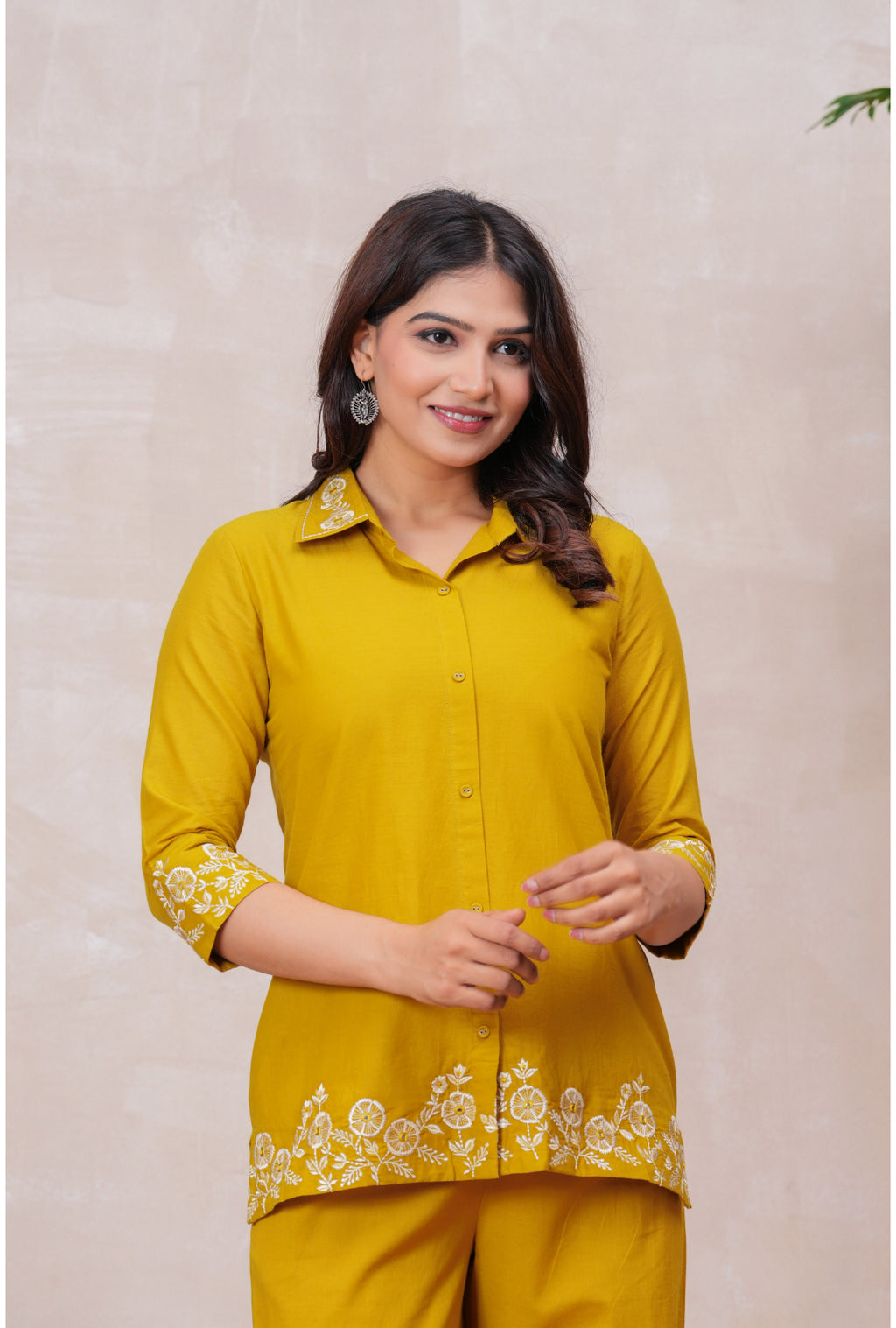 Floral Embroidered Pure Cotton Co-ord Set with Shirt Collar