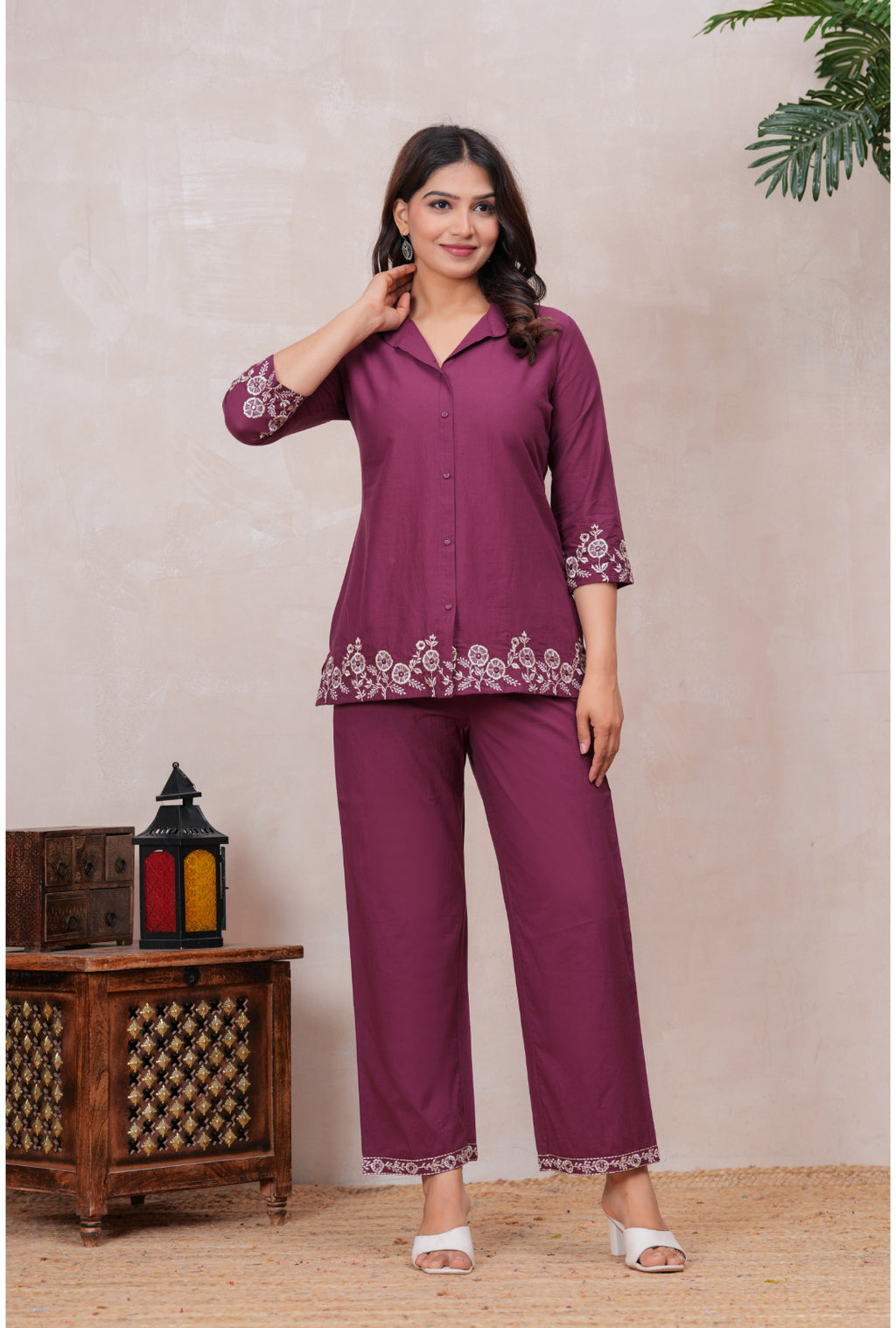 Floral Embroidered Pure Cotton Co-ord Set with Shirt Collar