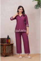 Floral Embroidered Pure Cotton Co-ord Set with Shirt Collar