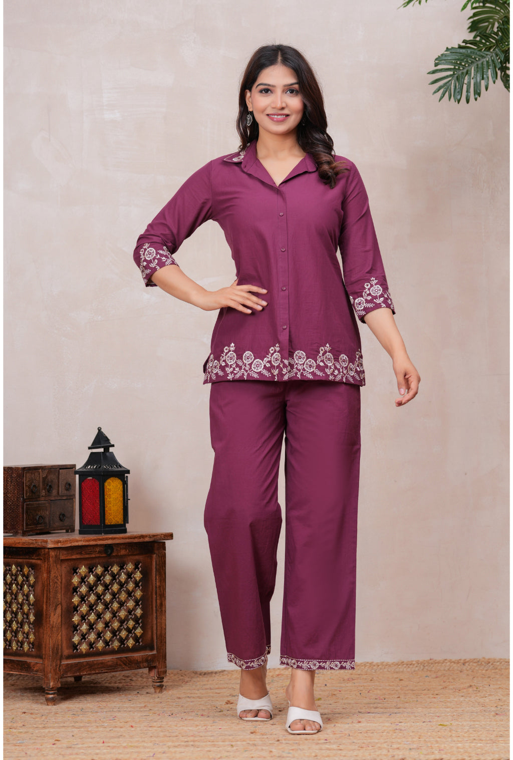 Floral Embroidered Pure Cotton Co-ord Set with Shirt Collar