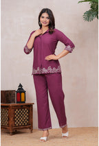 Floral Embroidered Pure Cotton Co-ord Set with Shirt Collar