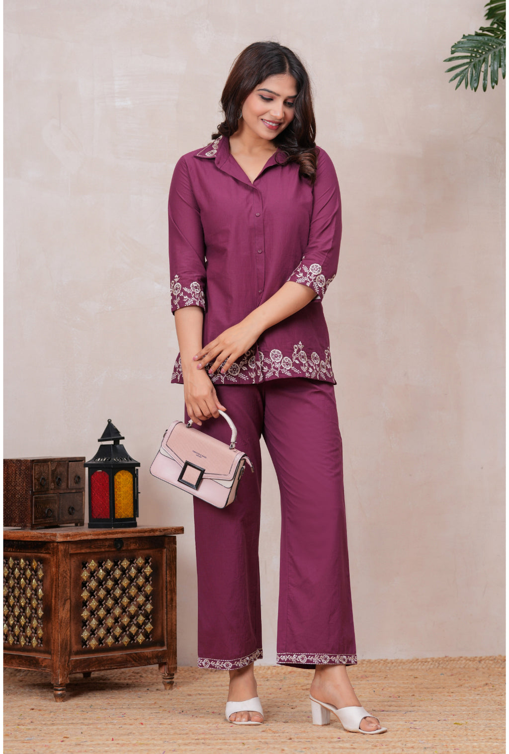 Floral Embroidered Pure Cotton Co-ord Set with Shirt Collar