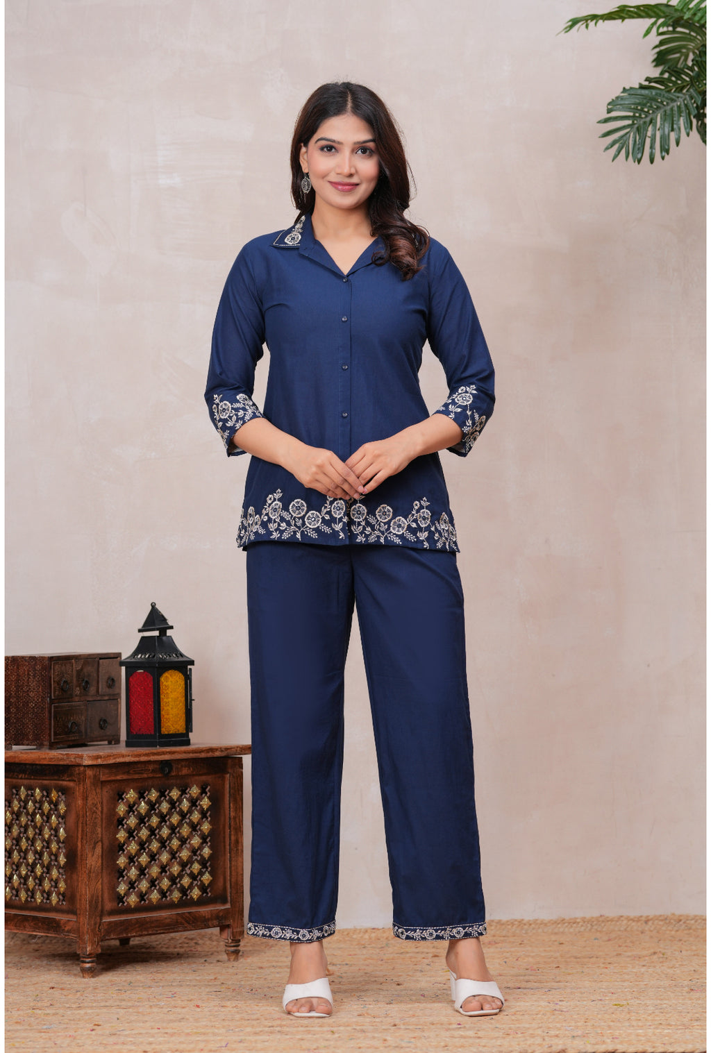 Floral Embroidered Pure Cotton Co-ord Set with Shirt Collar