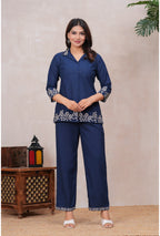 Floral Embroidered Pure Cotton Co-ord Set with Shirt Collar
