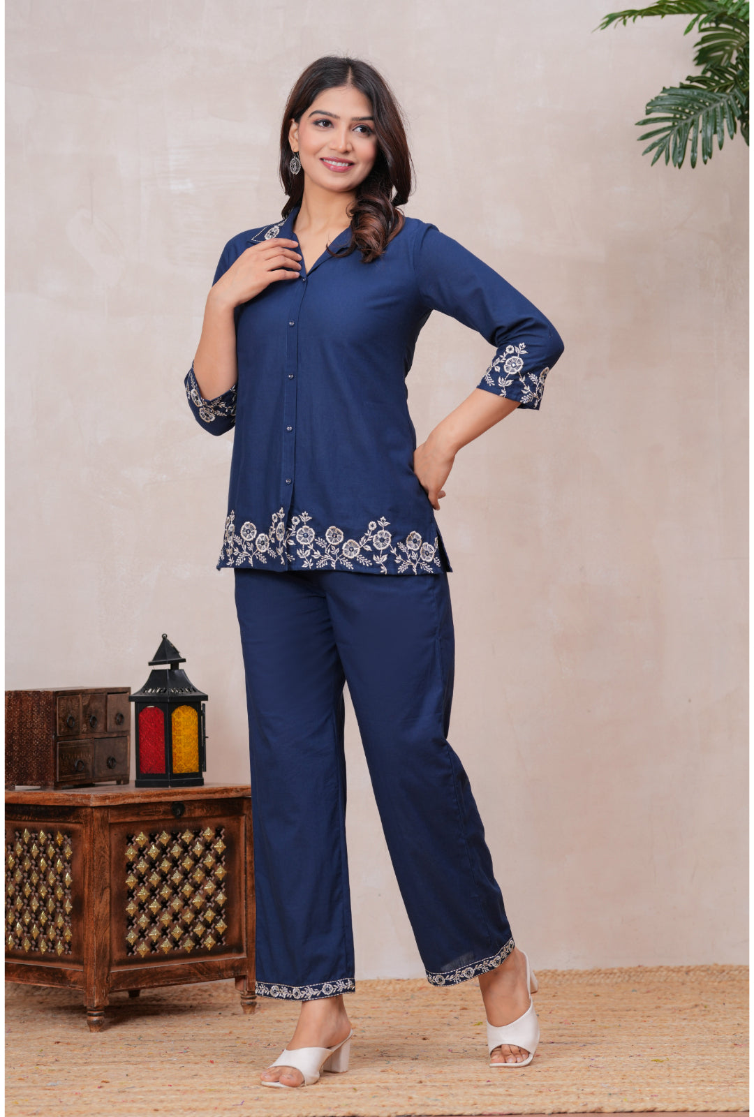 Floral Embroidered Pure Cotton Co-ord Set with Shirt Collar