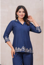 Floral Embroidered Pure Cotton Co-ord Set with Shirt Collar