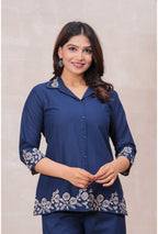 Floral Embroidered Pure Cotton Co-ord Set with Shirt Collar