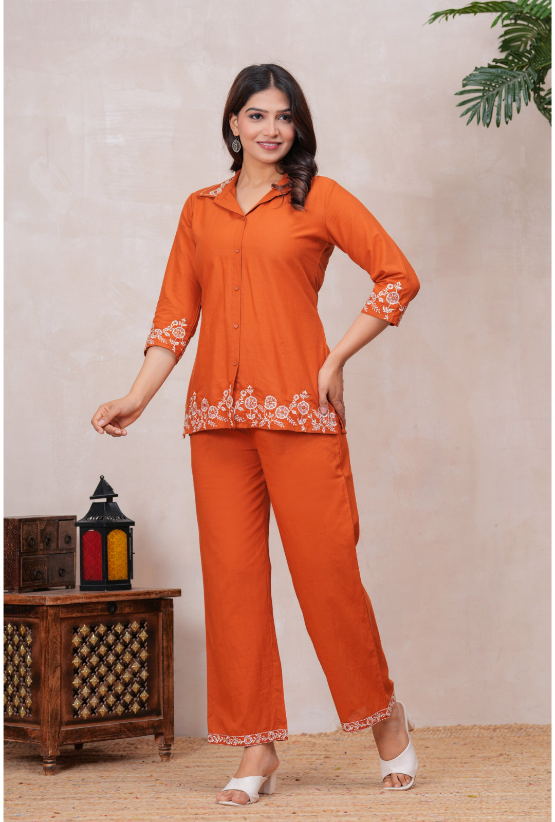 Floral Embroidered Pure Cotton Co-ord Set with Shirt Collar