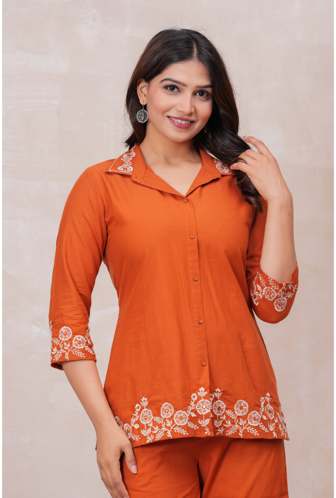 Floral Embroidered Pure Cotton Co-ord Set with Shirt Collar